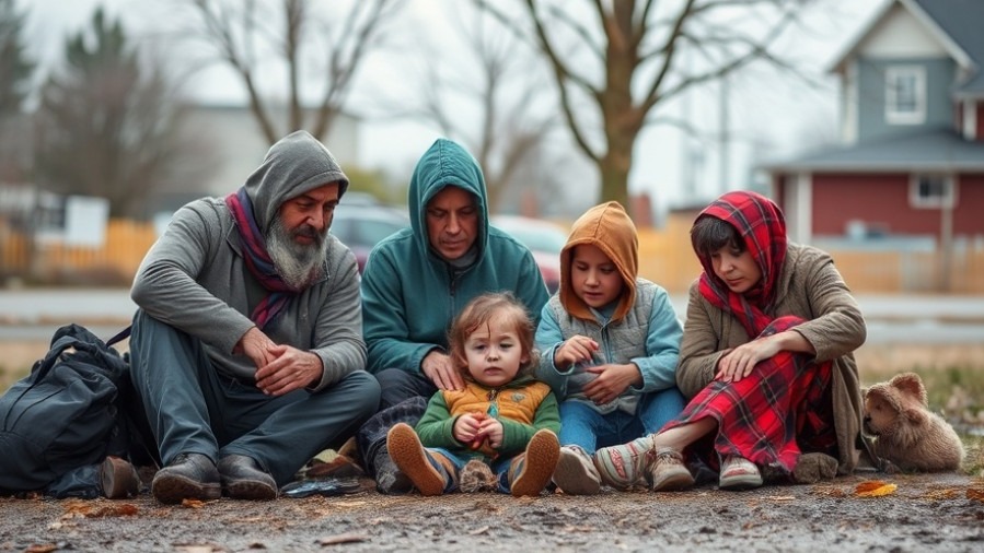 A homeless family seeking shelter and support in an urban environment.