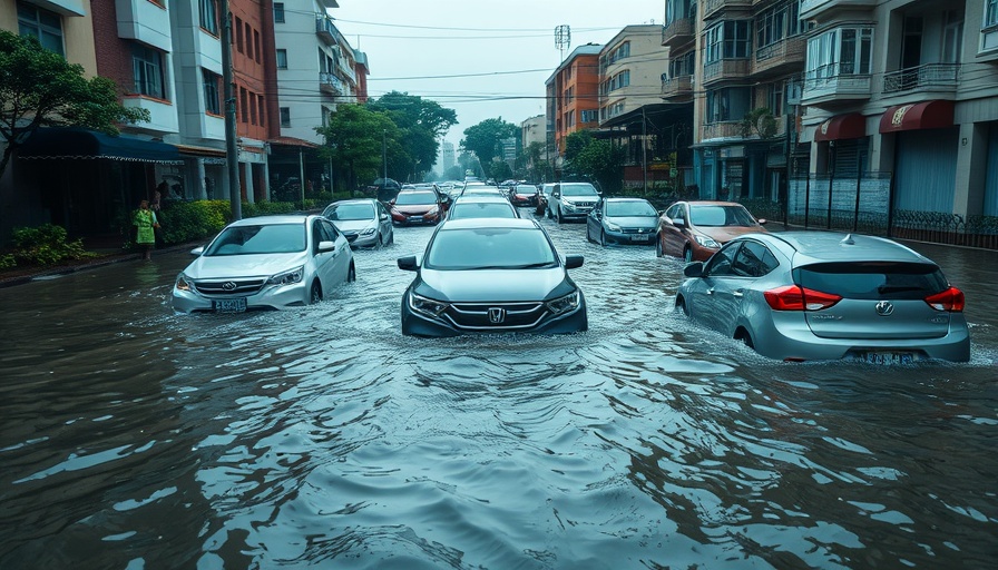 Urban area flooding impacts cars, highlighting water management and climate change.