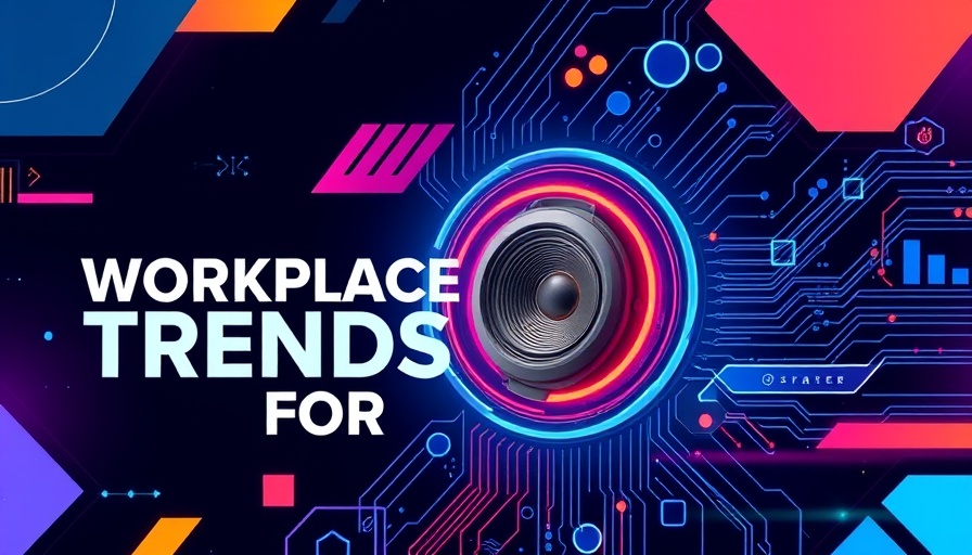Workplace Trends 2026 futuristic graphic with bold text and speaker inset.