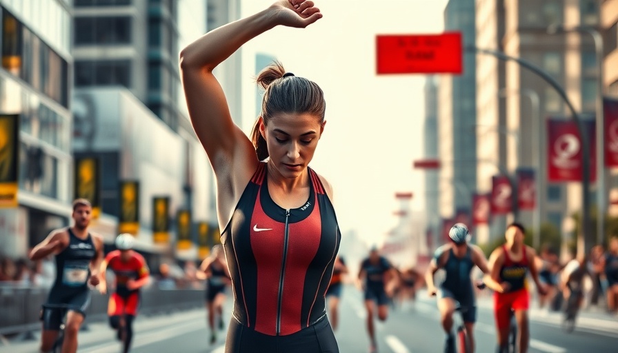 Female athlete stretching during triathlon training, urban race.