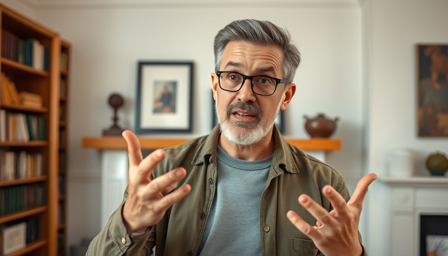 Animated man explaining gut health, indoor setting, soft light.