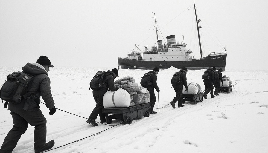 Shackleton's Endurance crew hauling supplies in icy landscape.