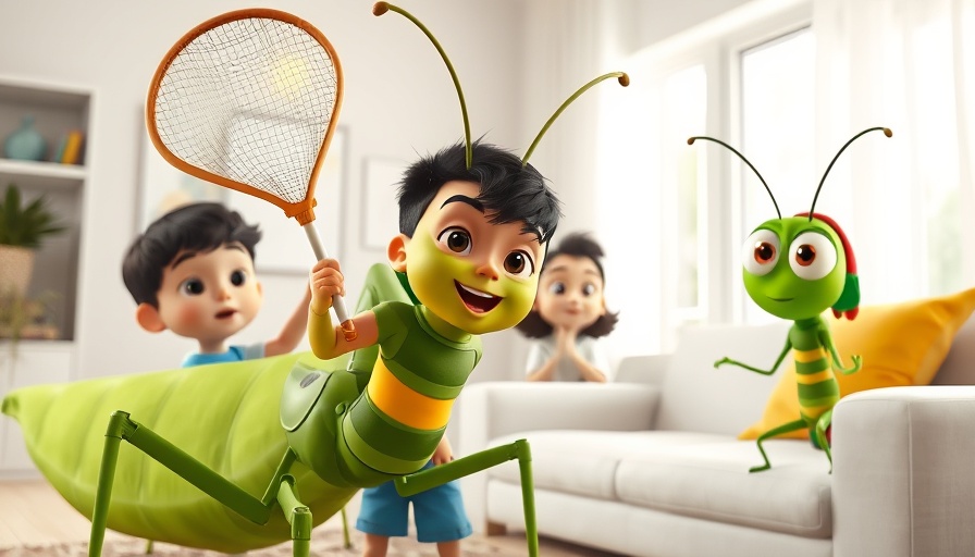 Kids' cartoon with a boy, girl, and animated grasshopper in a living room.