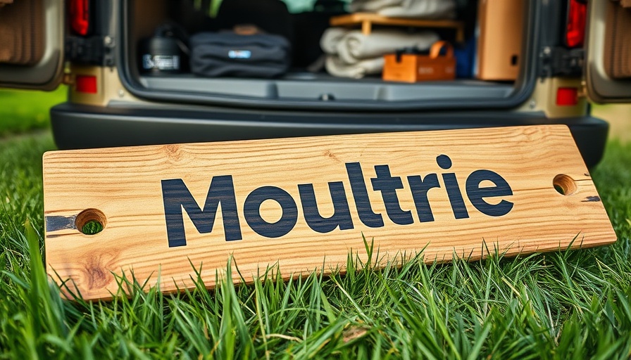 Moultrie logo display near vehicle and grass, highlighting rugged setting.
