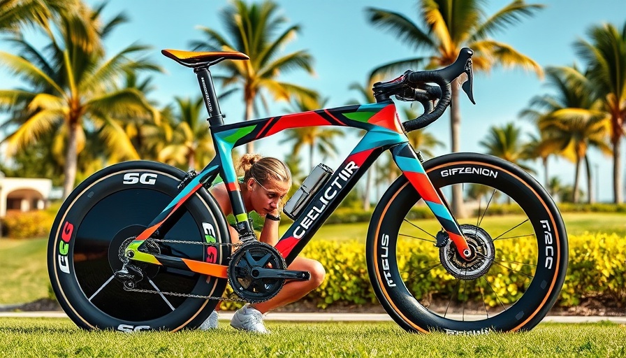 High-tech triathlon bike and athlete in tropical setting.
