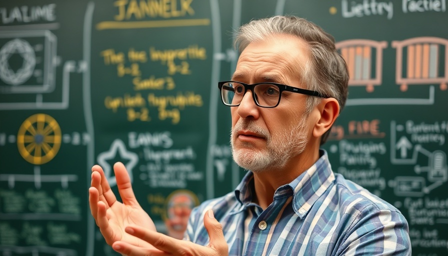 Middle-aged man discusses the limits of AI against a colorful blackboard.