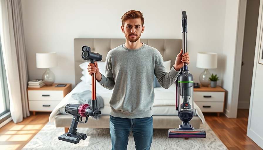 Young person comparing Dyson vs. Bissell vacuums in modern bedroom.