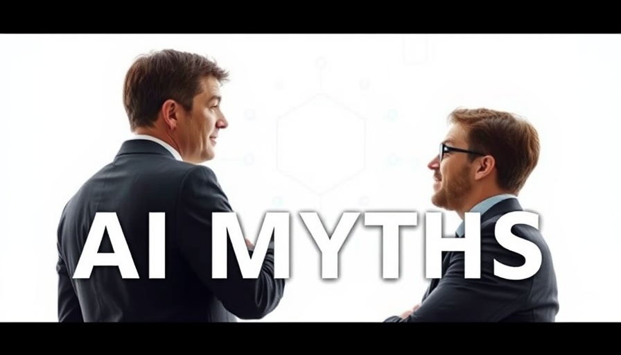 Two businessmen discussing AI myths with abstract background.
