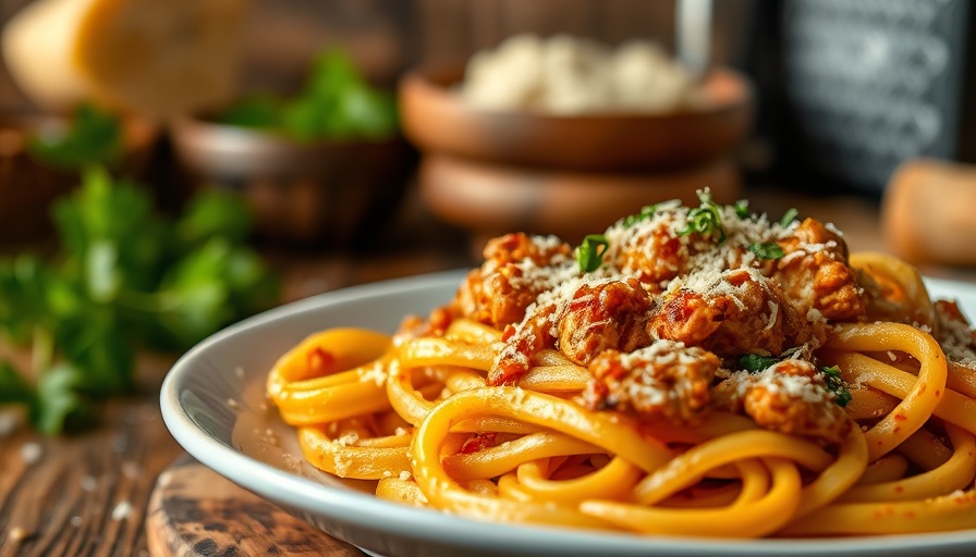Cajun Chicken Pasta Skillet in a blue bowl with Parmesan garnish.