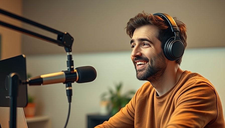 Man recording a podcast discussing digital marketing content.