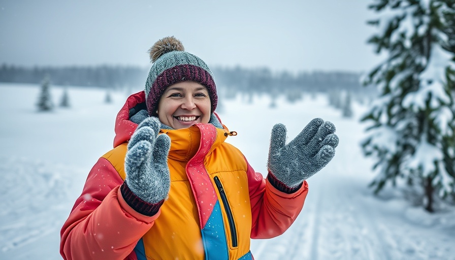 Person wearing colorful winter gear and mittens in snowy landscape.