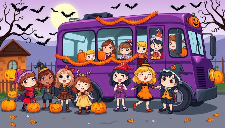 Children enjoying Halloween fun with animated characters and bus.