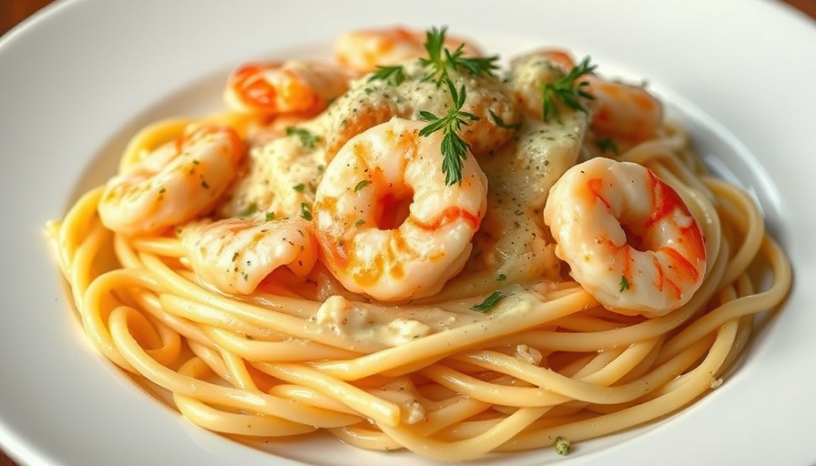 Savory Shrimp and Crab Alfredo Recipe on a white plate, garnished with herbs.