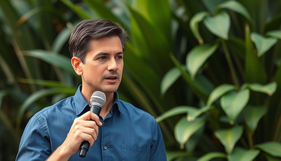 Engaged speaker discussing digital marketing strategies with plants in the background.