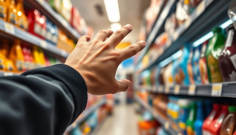 Reaching for product in a supermarket aisle, photorealistic scene.