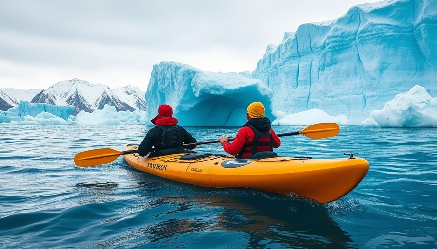 Ponant Explorations team kayaks near a huge iceberg, scenic winter view.