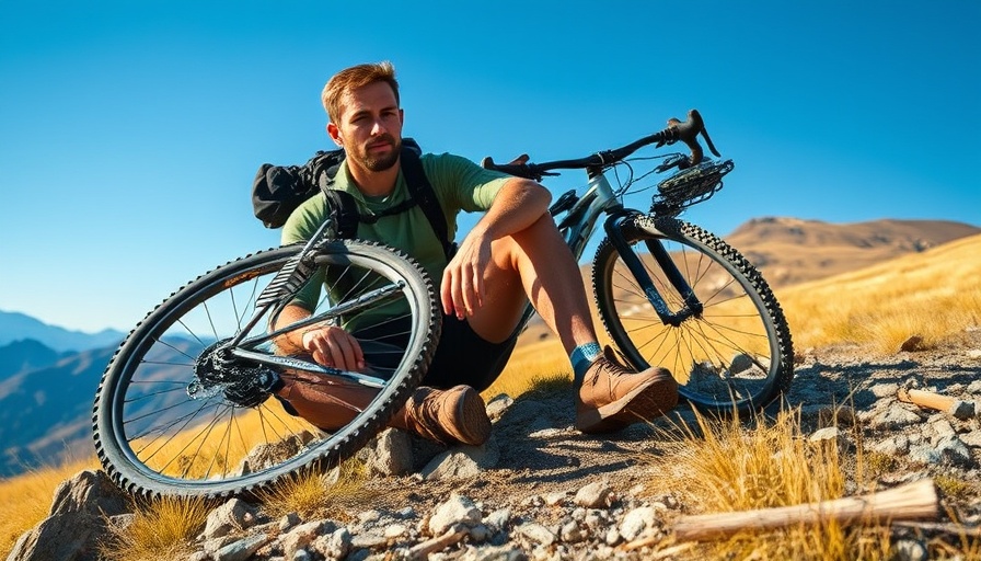 Outdoor adventurer with bike and bow in mountain setting.