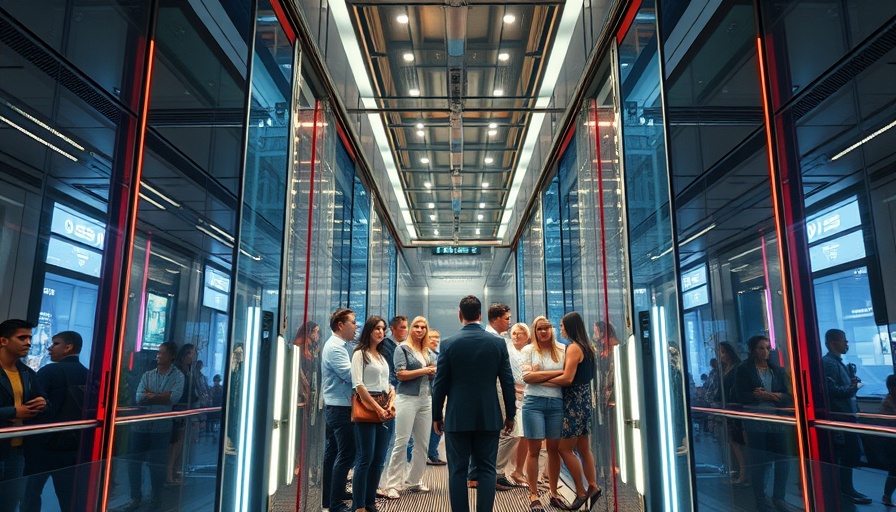 Futuristic elevator with people in a modern building.