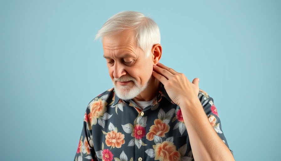 Elderly man demonstrating acupressure for TMJ pain relief.