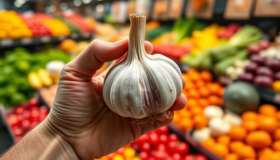 Hand holding garlic bulb in supermarket, questioning its growth potential.