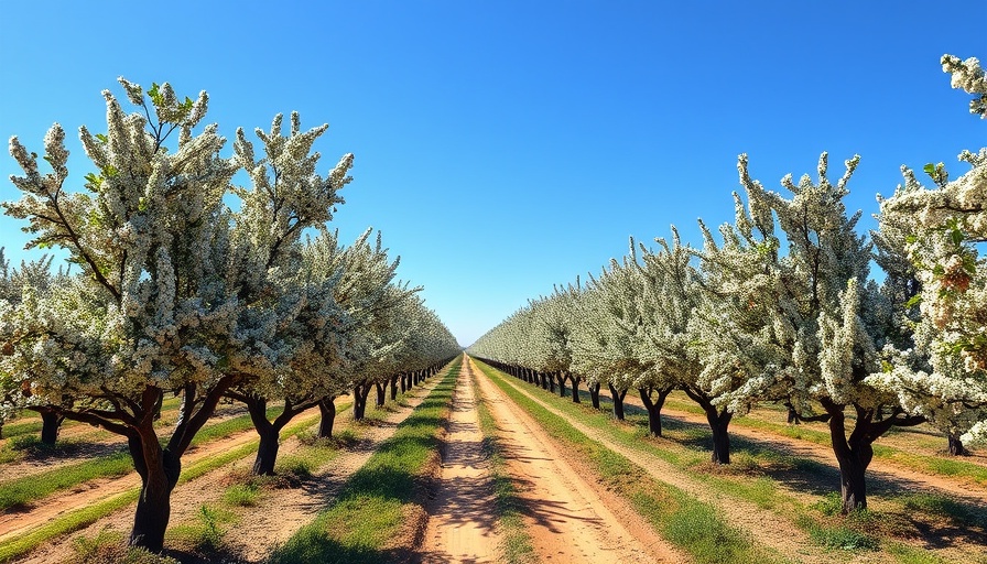 Blooming almond orchard under bright sky at Yolo County Energy Resource Fair.