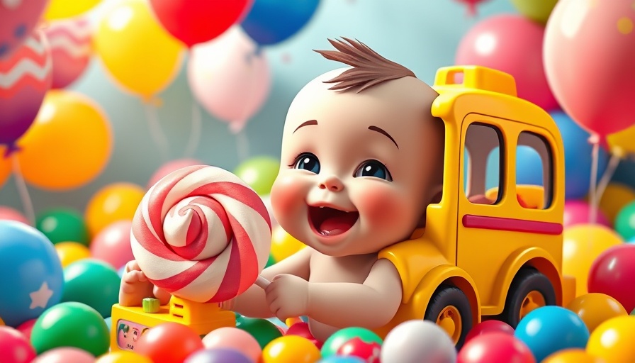 Cartoon baby enjoying children fun with toys and lollipop.