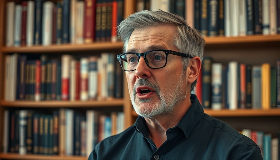 Middle-aged man speaking energetically in front of a bookshelf.