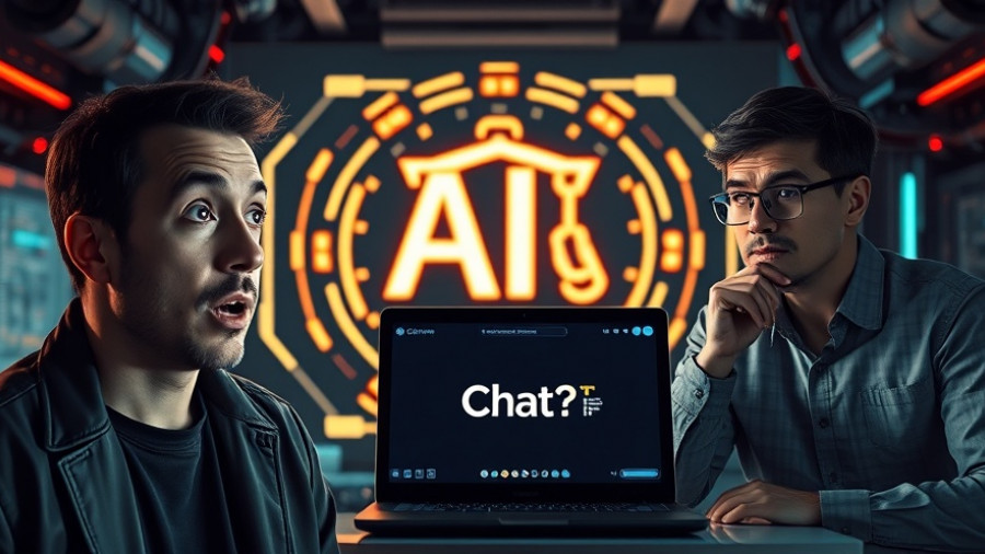 Dynamic scene with AI logo and 'ChatGPT' laptop, two men reacting.