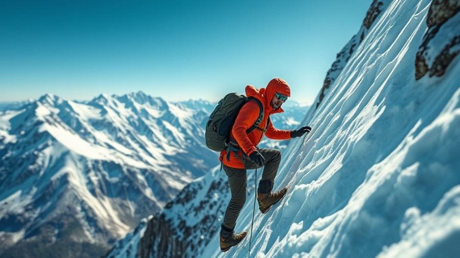 Mountaineer in emerging outdoor gear ascending a snowy peak.