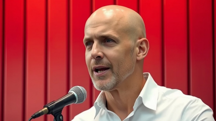 Bald man speaking into microphone, red wooden background.
