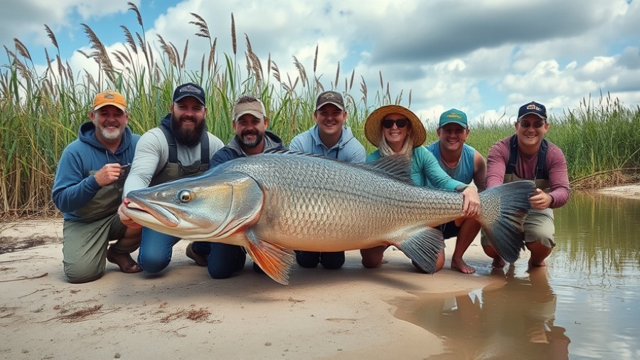 Anglers with a massive world record catfish on riverbank