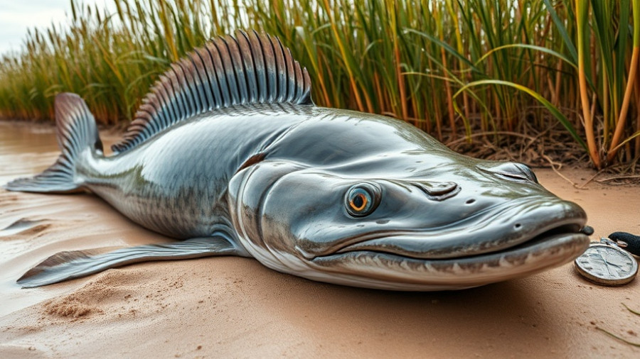 Fishermen with massive world record catfish on riverbank.