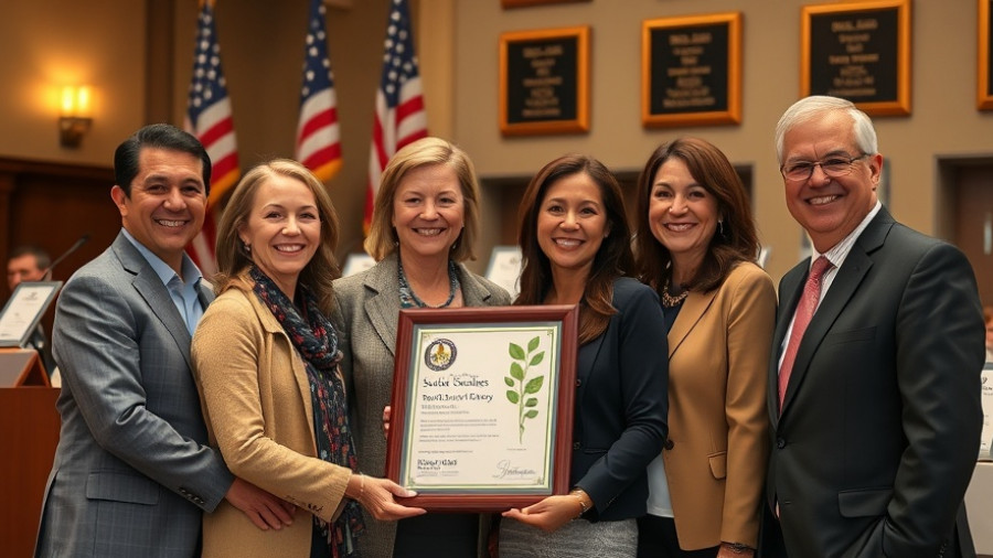 Group celebrating Gaithersburg Sustainability Champion award indoors.