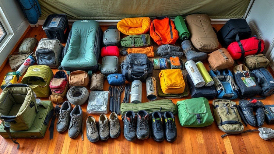 Camping gear organized indoors for West Branch Penobscot River canoe trips.