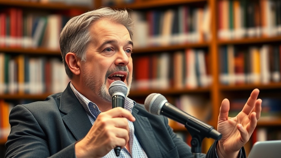 Enthusiastic speaker discussing digital marketing strategies in a library.