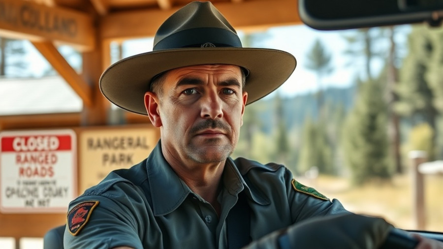 National park ranger at station with Roads Closed sign, serious interaction.