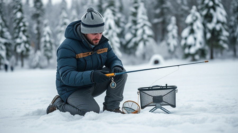 Outdoorsman using Garmin Striker 5cv Ice Fishing Bundle on snow.