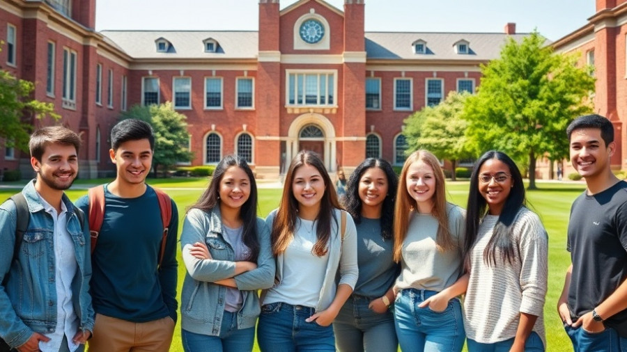 Diverse group of young adults in front of university building, UVA Sustainability Plan 2025-2030.