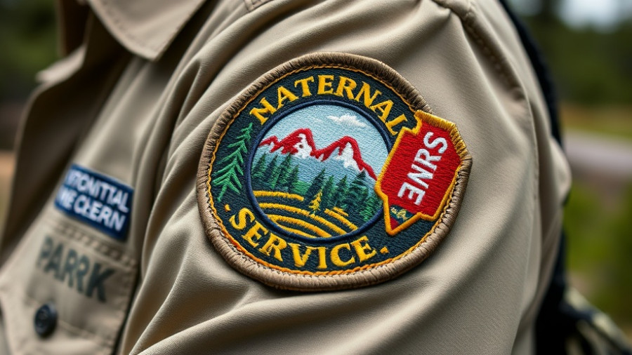 Close-up of National Park Service uniform patch, effects of staffing cuts.