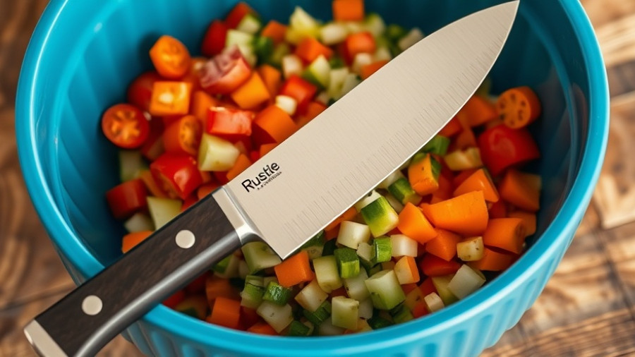 Leatherman Rustle Kitchen Knife on colorful veggies in a bowl.