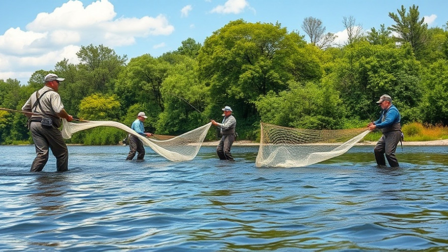 Anglers livestreaming fishing in a river, discussing violations.