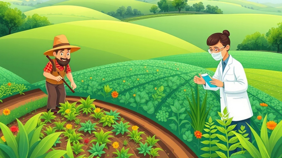 Sustainable Supply Chains illustration depicting farming and lab work.