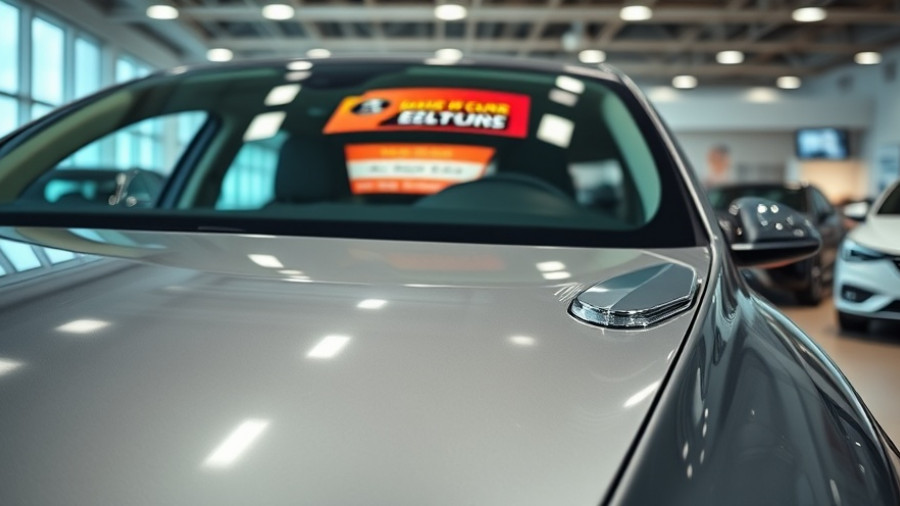 Close-up of a shiny electric vehicle with advertisement in a showroom.