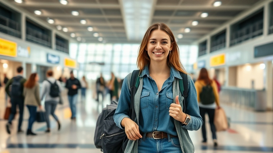 Travel theft prevention tips: smiling traveler in airport