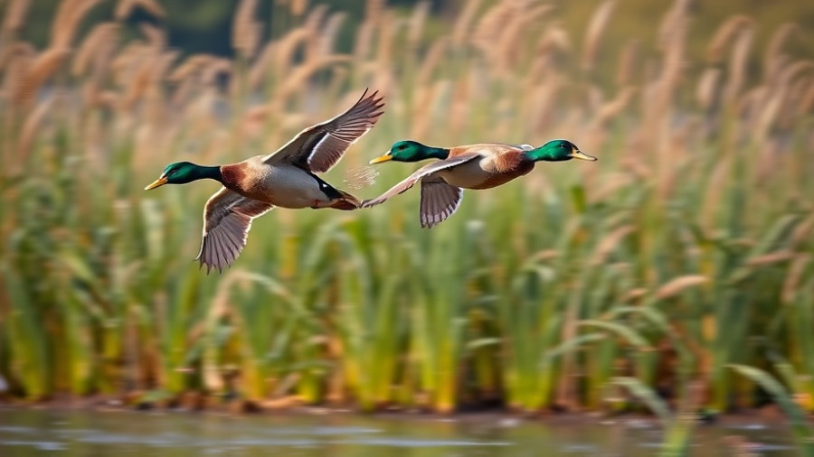 Dynamic flight of mallard ducks over wetlands, AI hunting regulations.