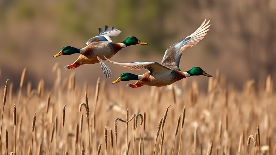 Mallard ducks flying over a field, showcasing nature.