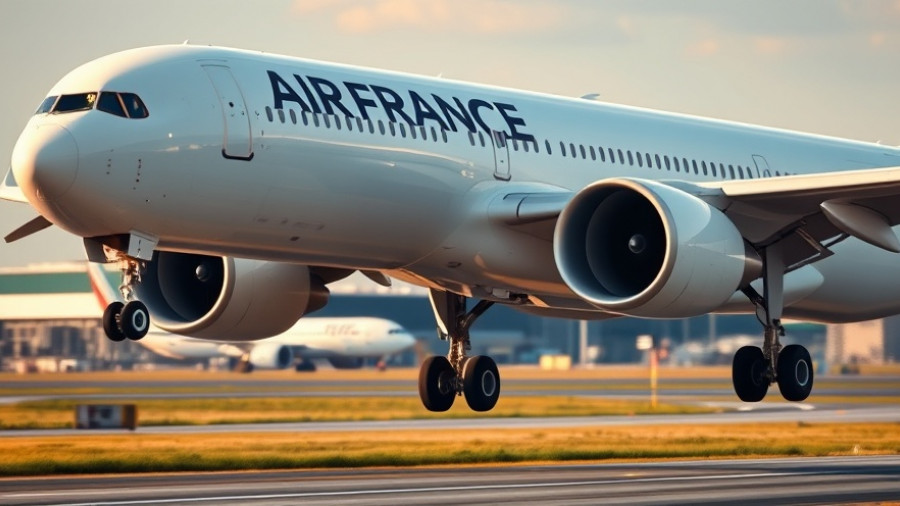 Air France airplane landing on a runway, showcasing engine and landing gear.