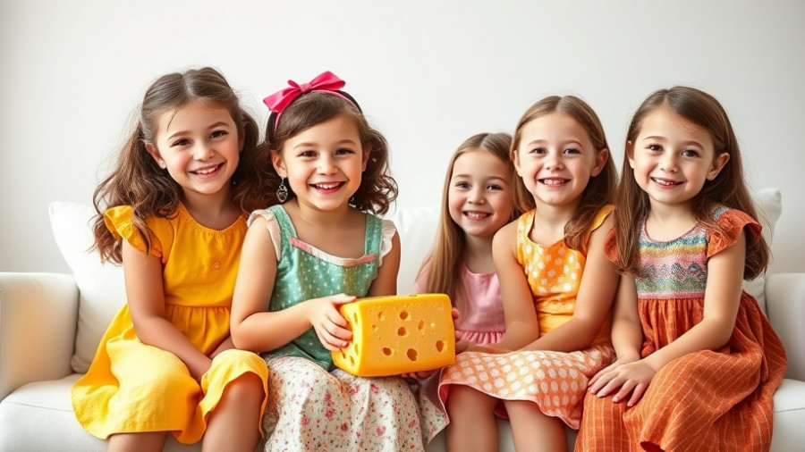 Cheerful girl playing with toy cheese, colorful dresses, kid stories.