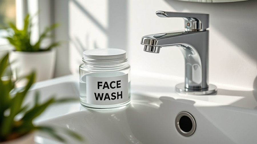 DIY face wash jar next to faucet in clean bathroom setting.