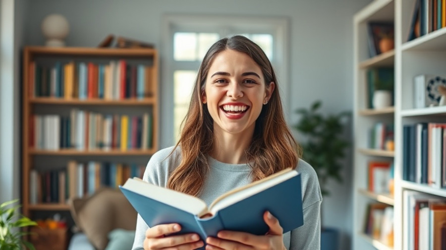 Woman smiling with a book in cozy home, embracing living your life.